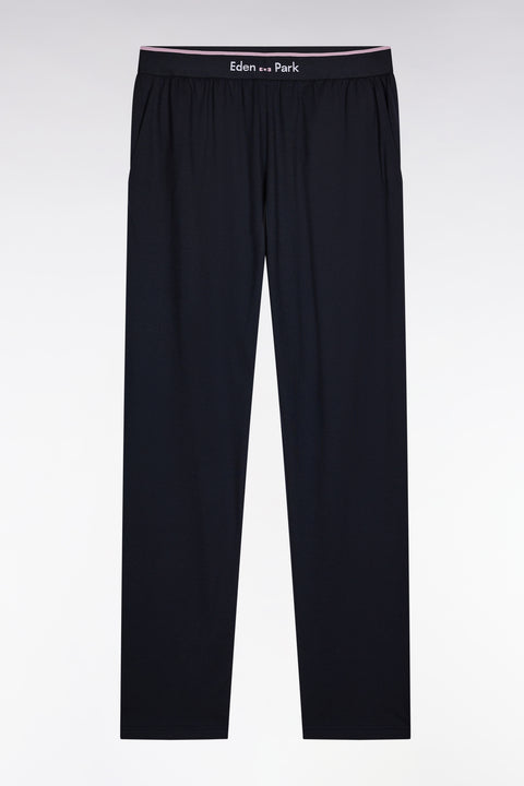 Pyjama long en jersey de coton uni marine passepoils roses - Image 2