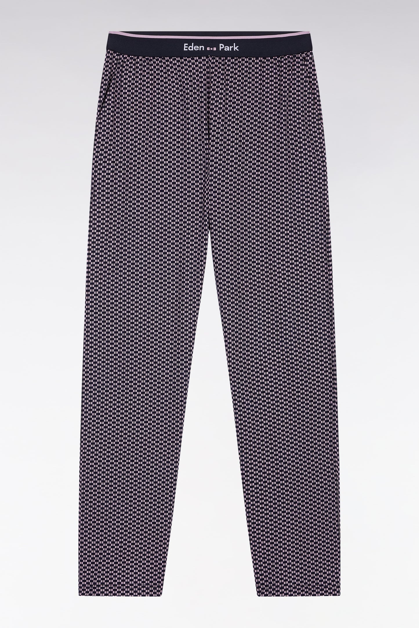 Pyjama long en jersey de coton marine pantalon à motifs roses