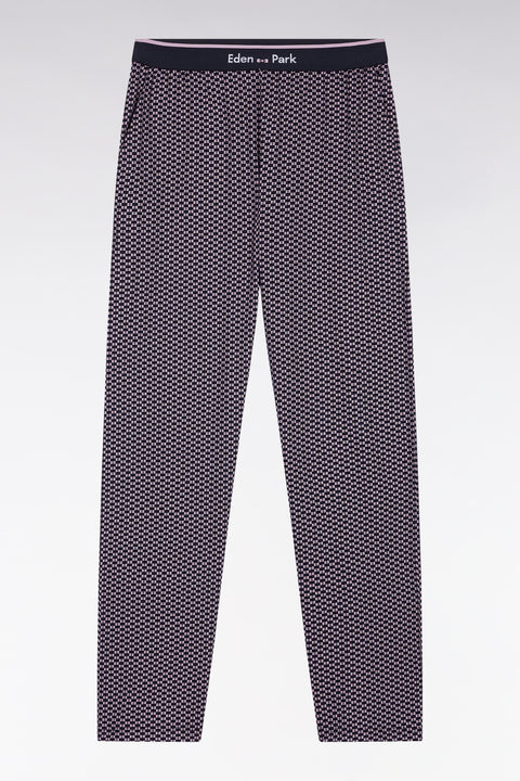 Pyjama long en jersey de coton marine pantalon à motifs roses - Image 2