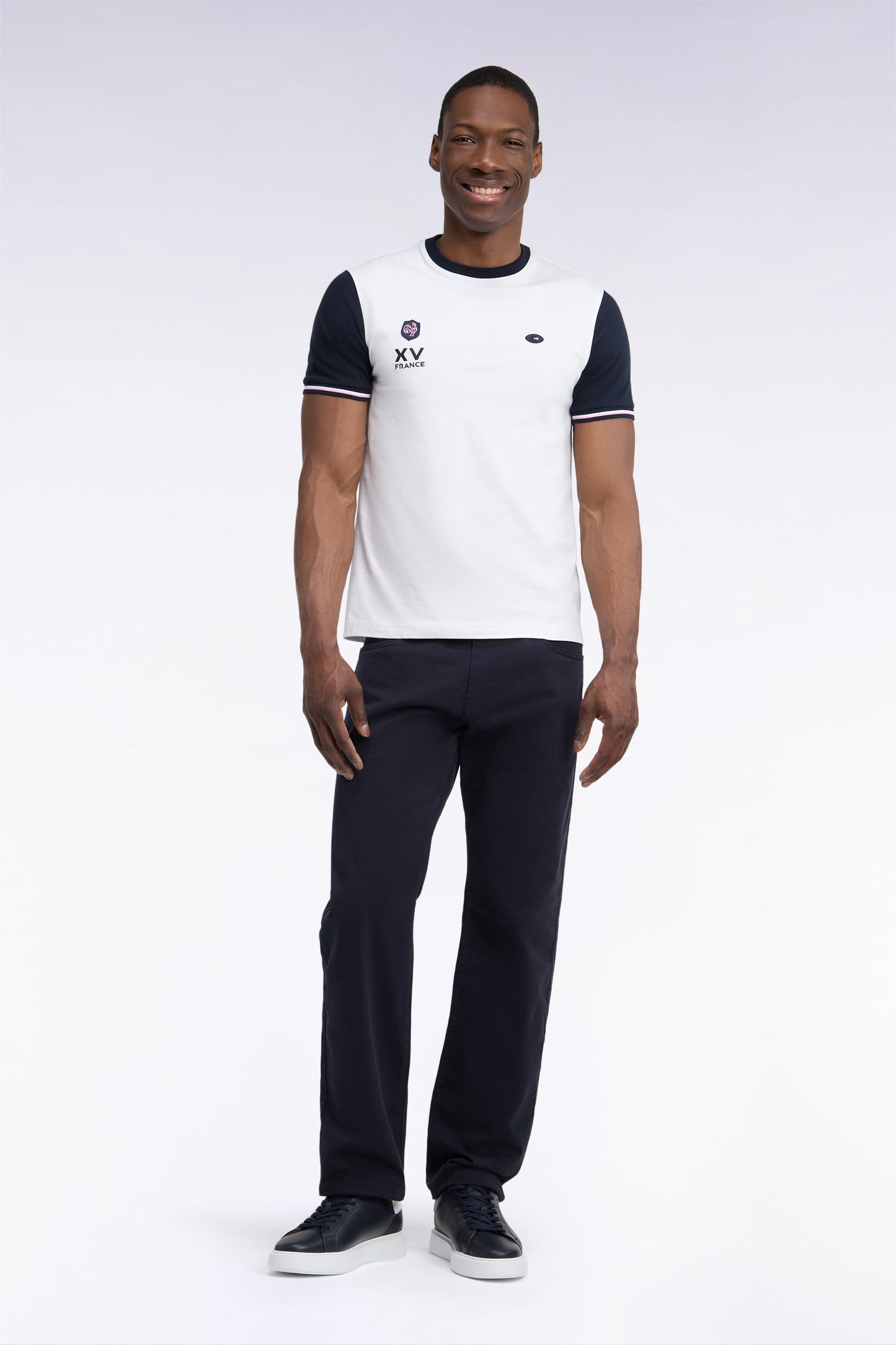 Pantalon 5 poches en toile de coton stretch marine coupe regular
