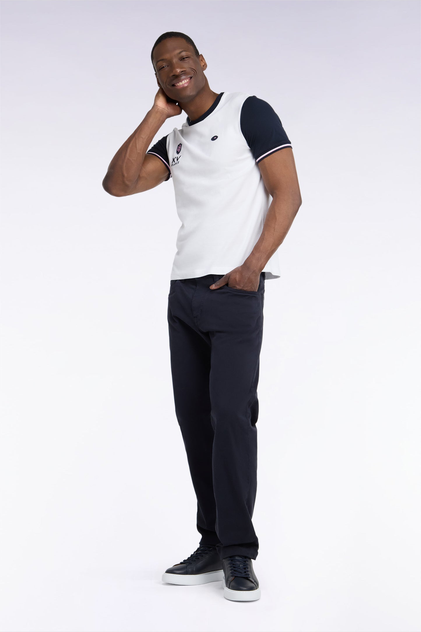 Pantalon 5 poches en toile de coton stretch marine coupe regular