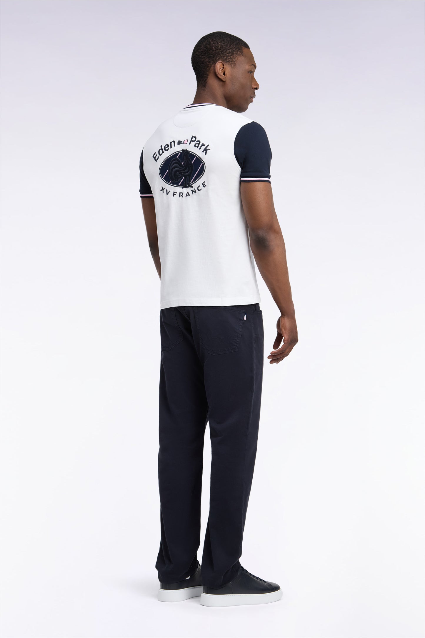 Pantalon 5 poches en toile de coton stretch marine coupe regular