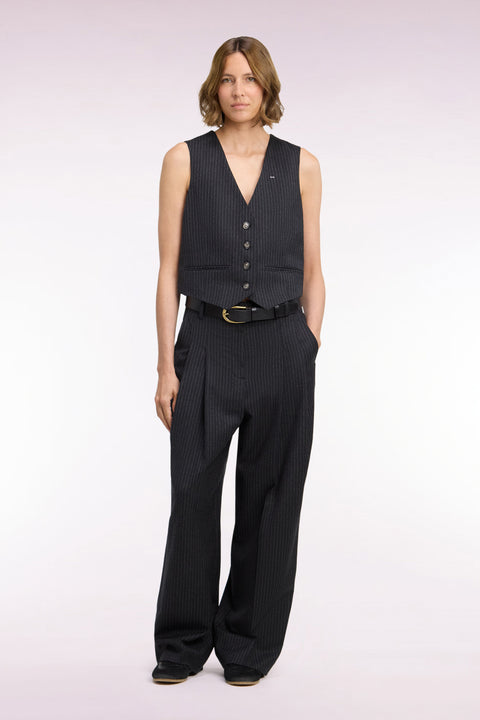 Pantalon tailleur en laine stretch noir rayé coupe droite - Image 2