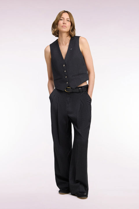 Pantalon tailleur en laine stretch noir rayé coupe droite - Image 1