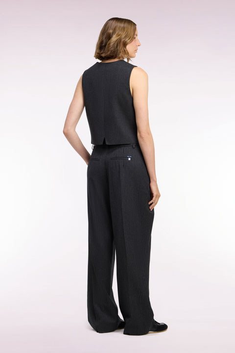 Pantalon tailleur en laine stretch noir rayé coupe droite - Image 3