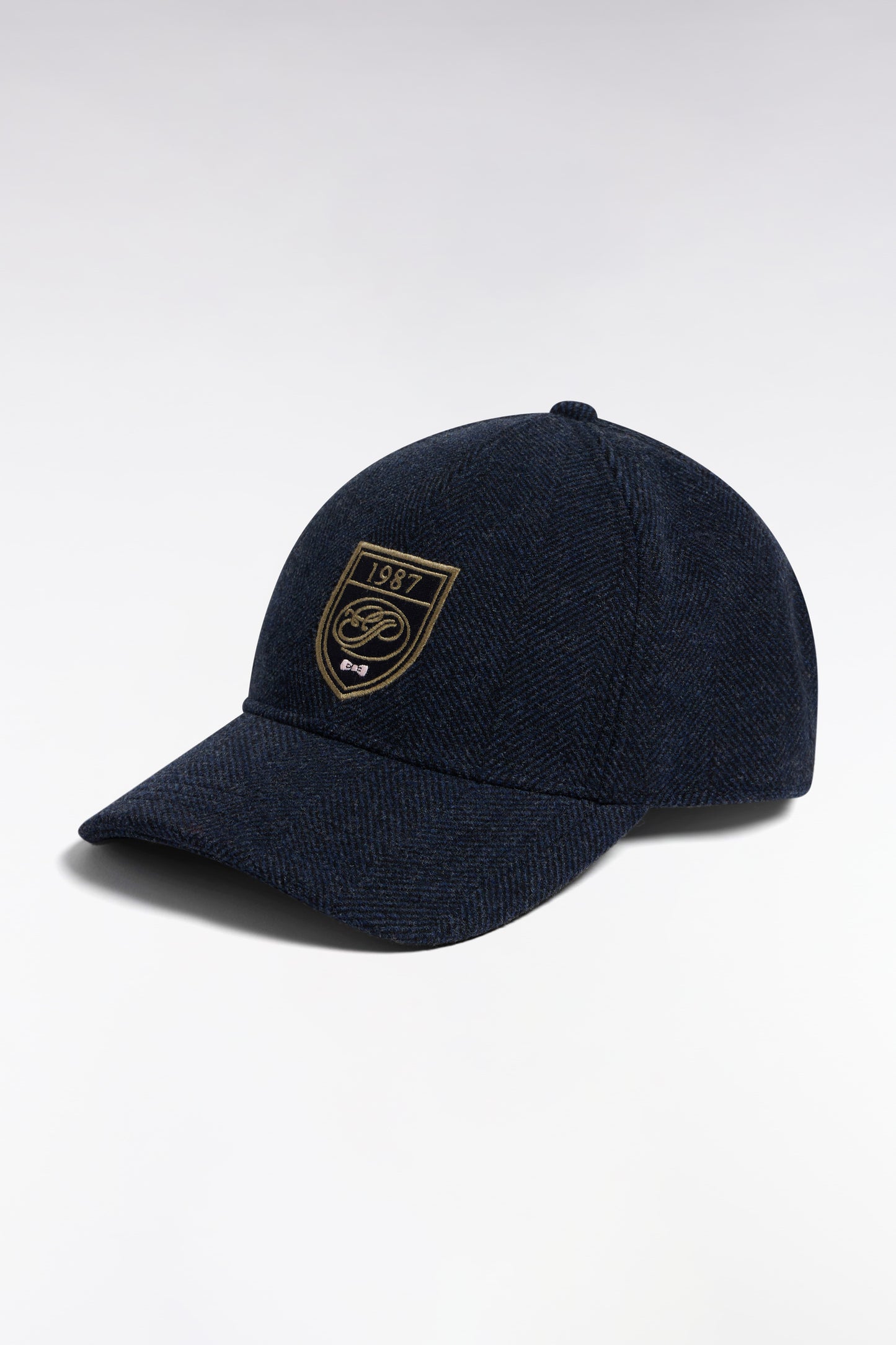 Casquette en drap de laine à chevrons marron patch écusson