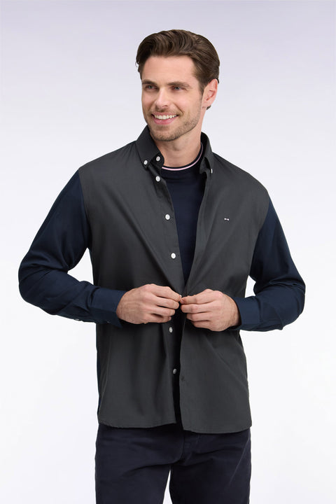 Chemise bicolore en coton oxford kaki patch dos coupe droite - Image 1