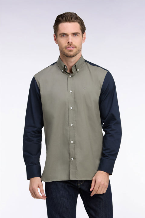 Chemise bicolore en coton oxford vert olive patch dos coupe droite - Image 3