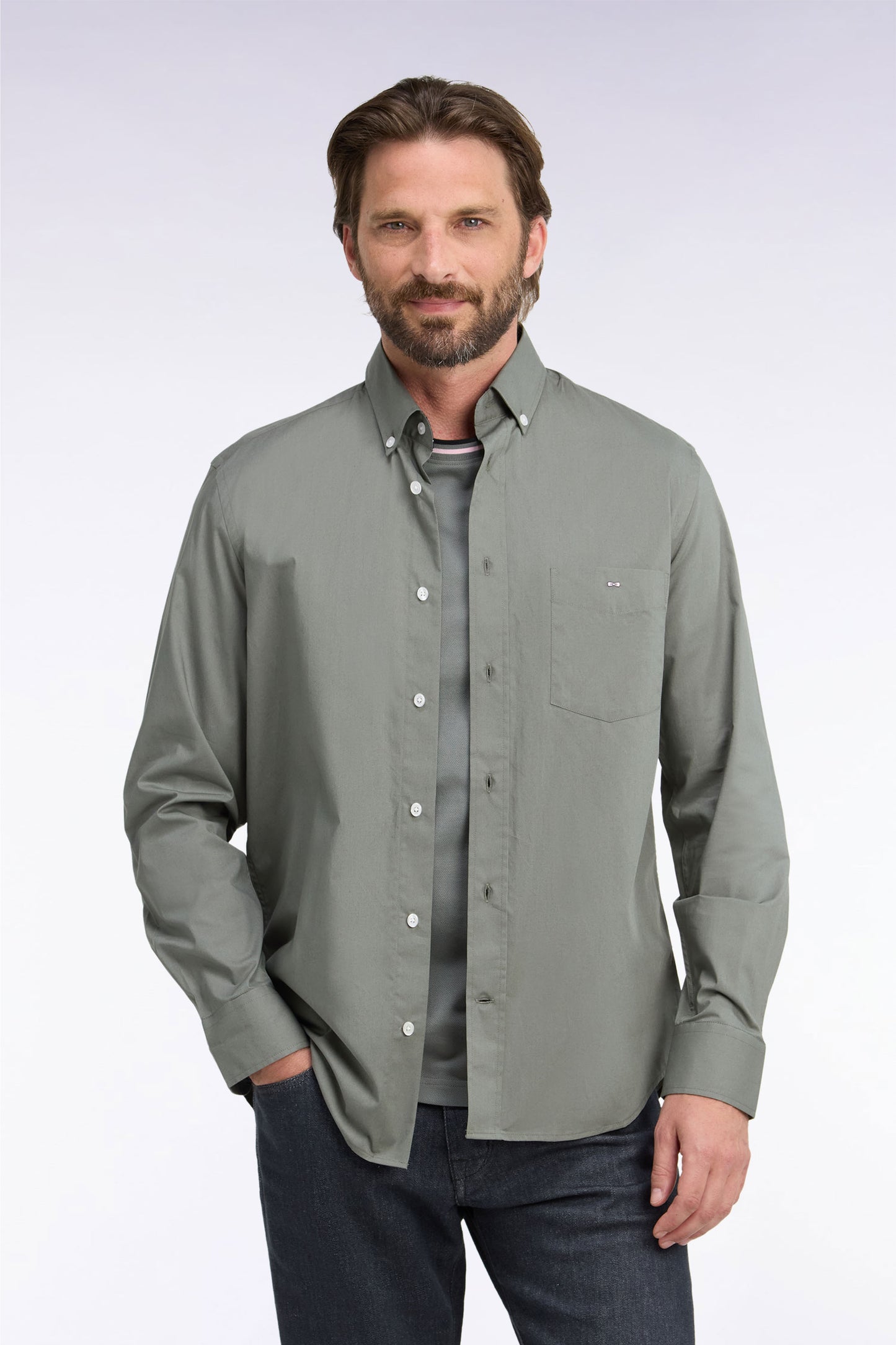 Chemise en coton kaki à détails micromotifs coupe droite