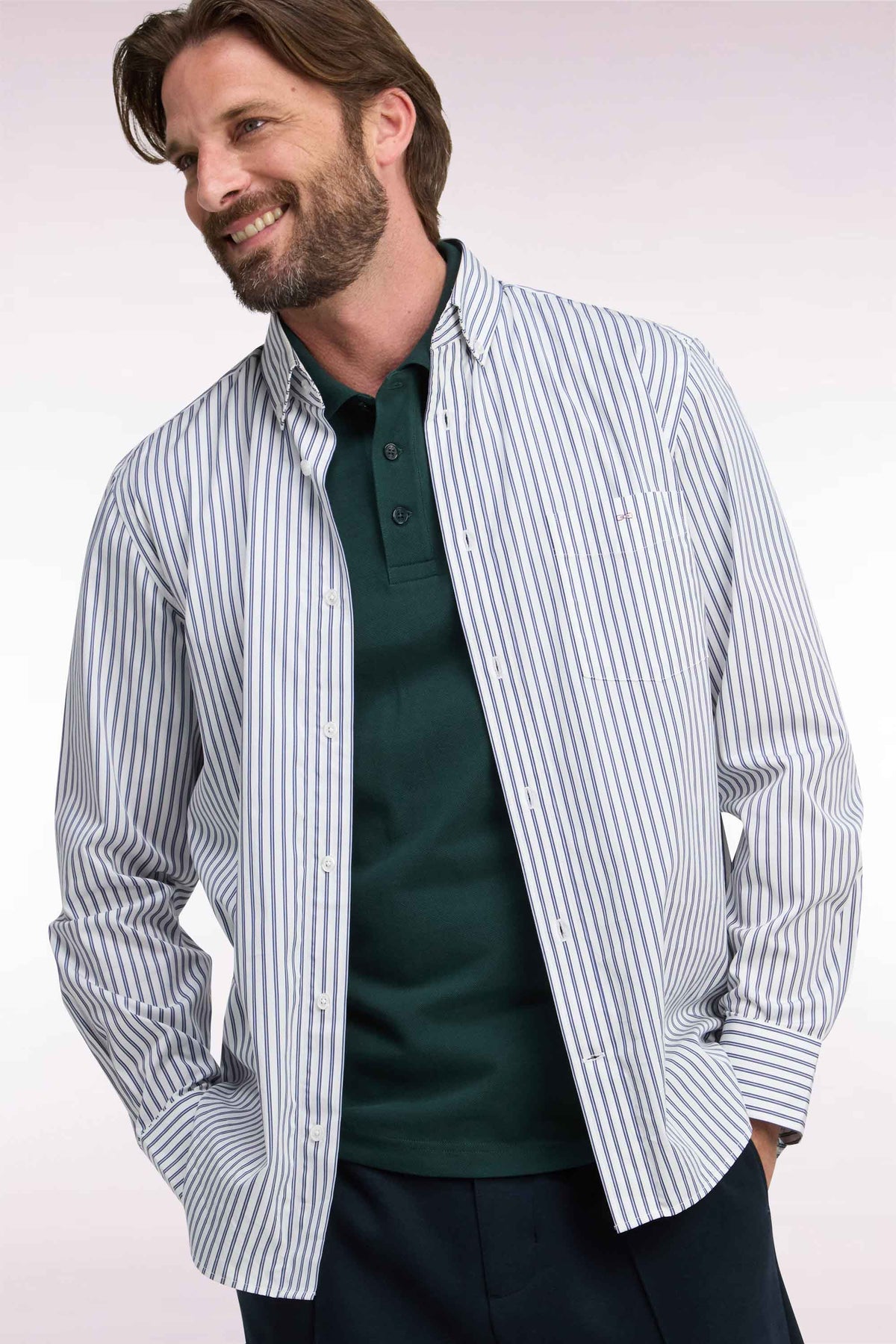 Chemise à rayures en coton marine et blanc coupe droite