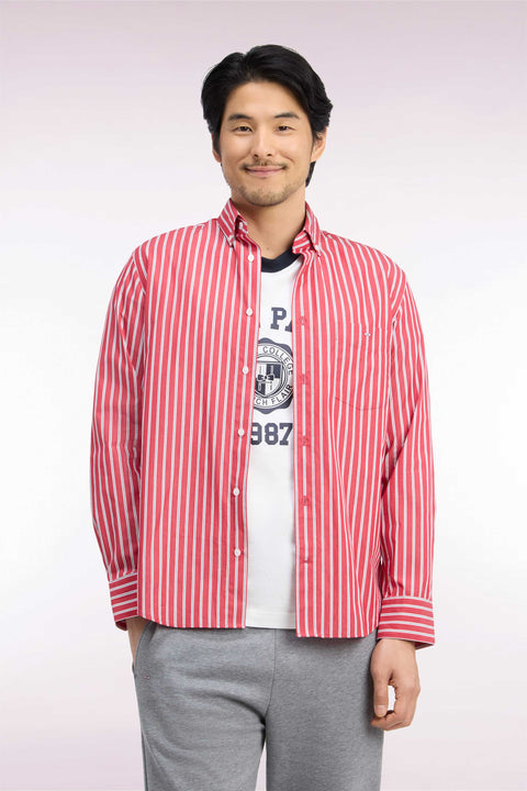 Chemise en coton rouge à rayures écrues coupe droite - Image 3