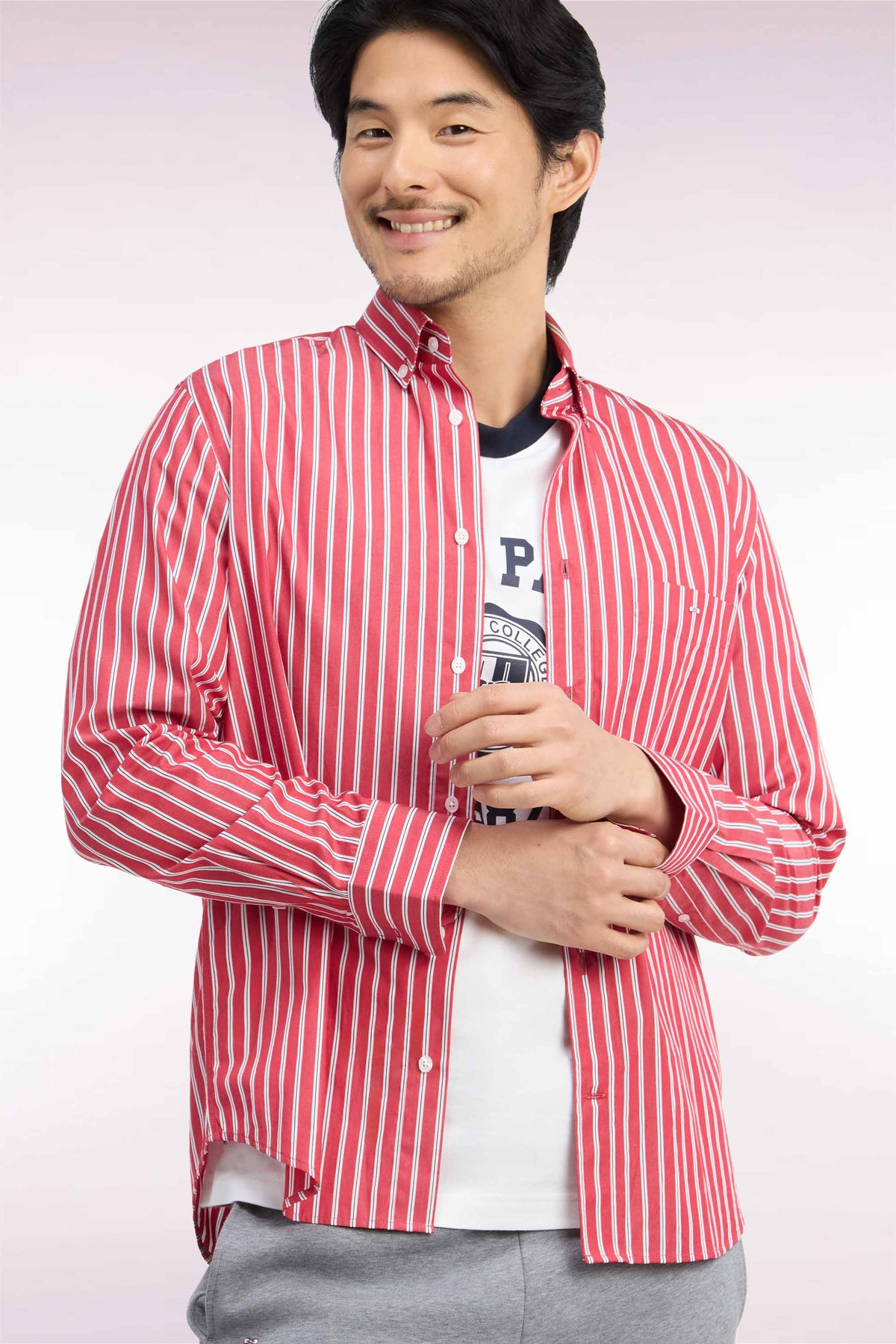 Red cotton shirt with ecru stripes, straight cut