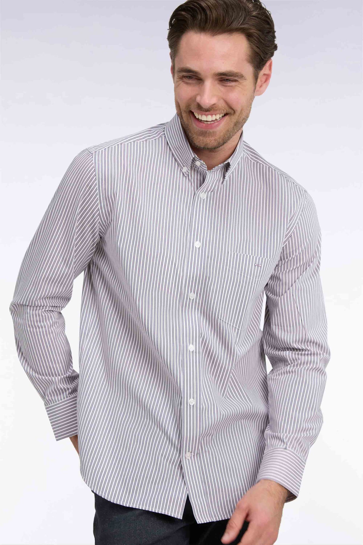 Straight-cut navy and pink striped cotton shirt