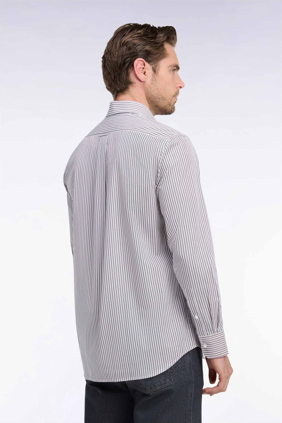 Straight-cut navy and pink striped cotton shirt