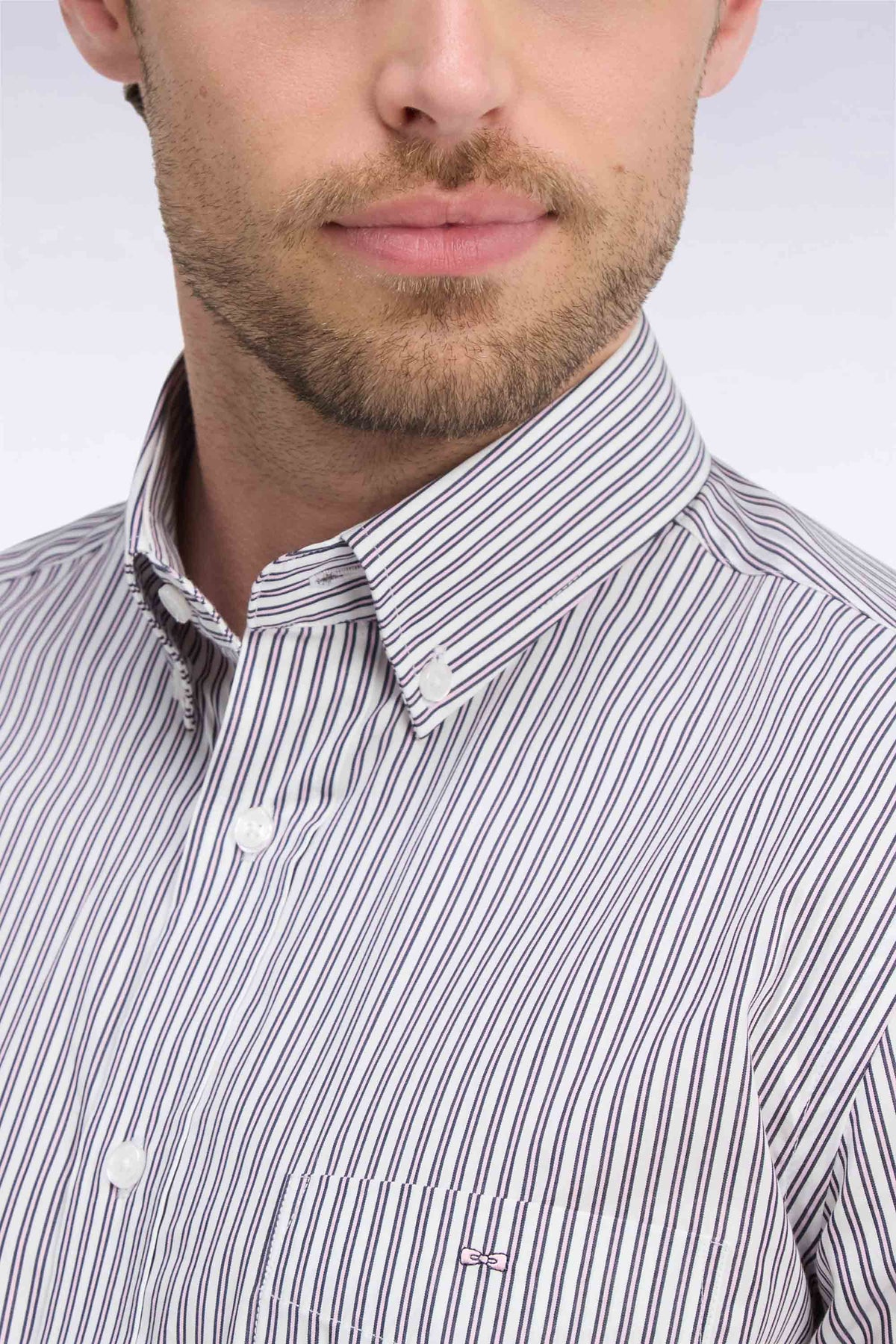 Straight-cut navy and pink striped cotton shirt