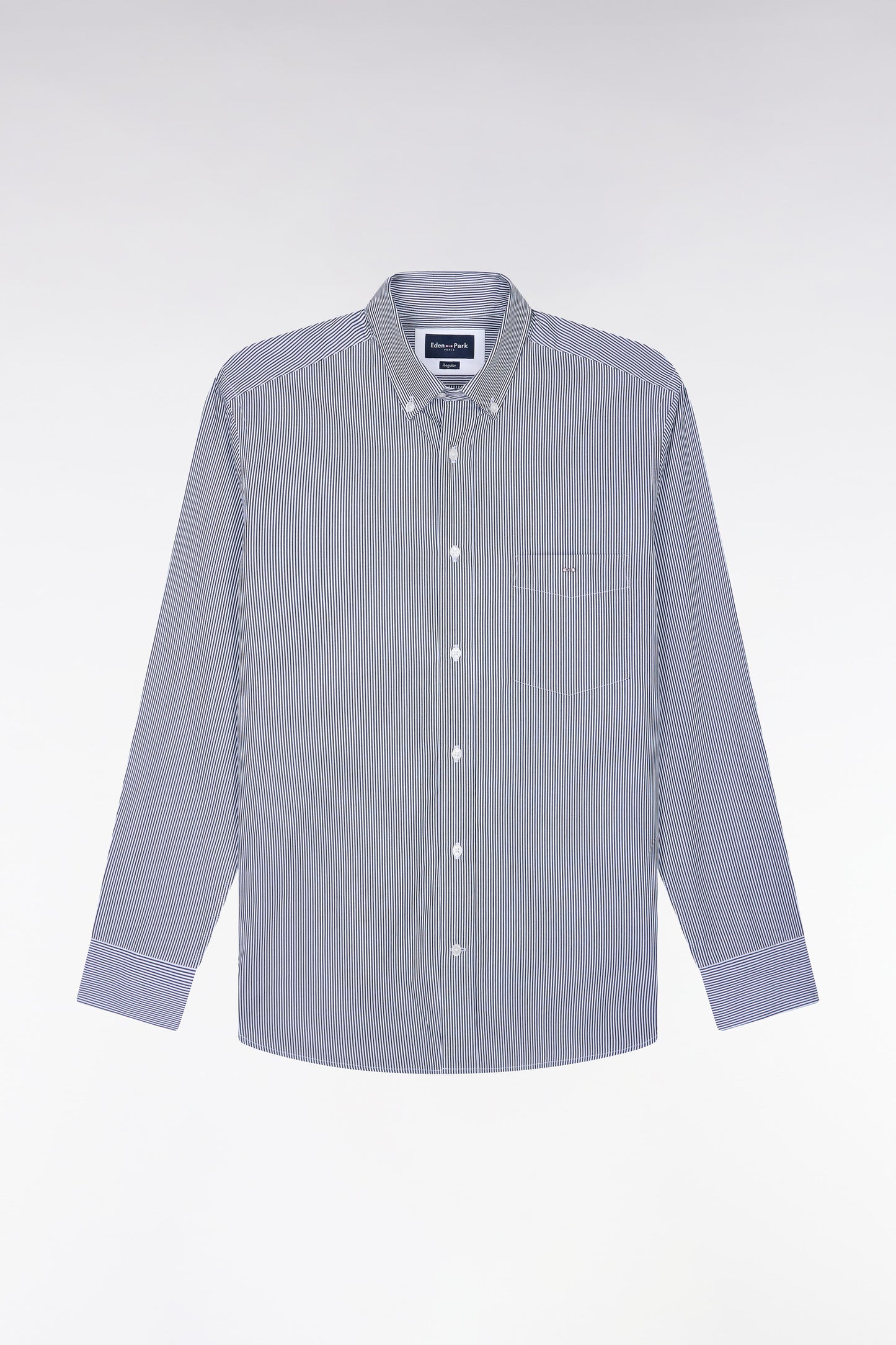 Chemise en coton blanc à fines rayures marine coupe droite