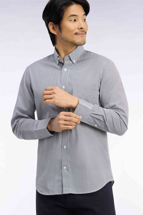 Chemise en coton blanc à fines rayures marine coupe droite - Image 1