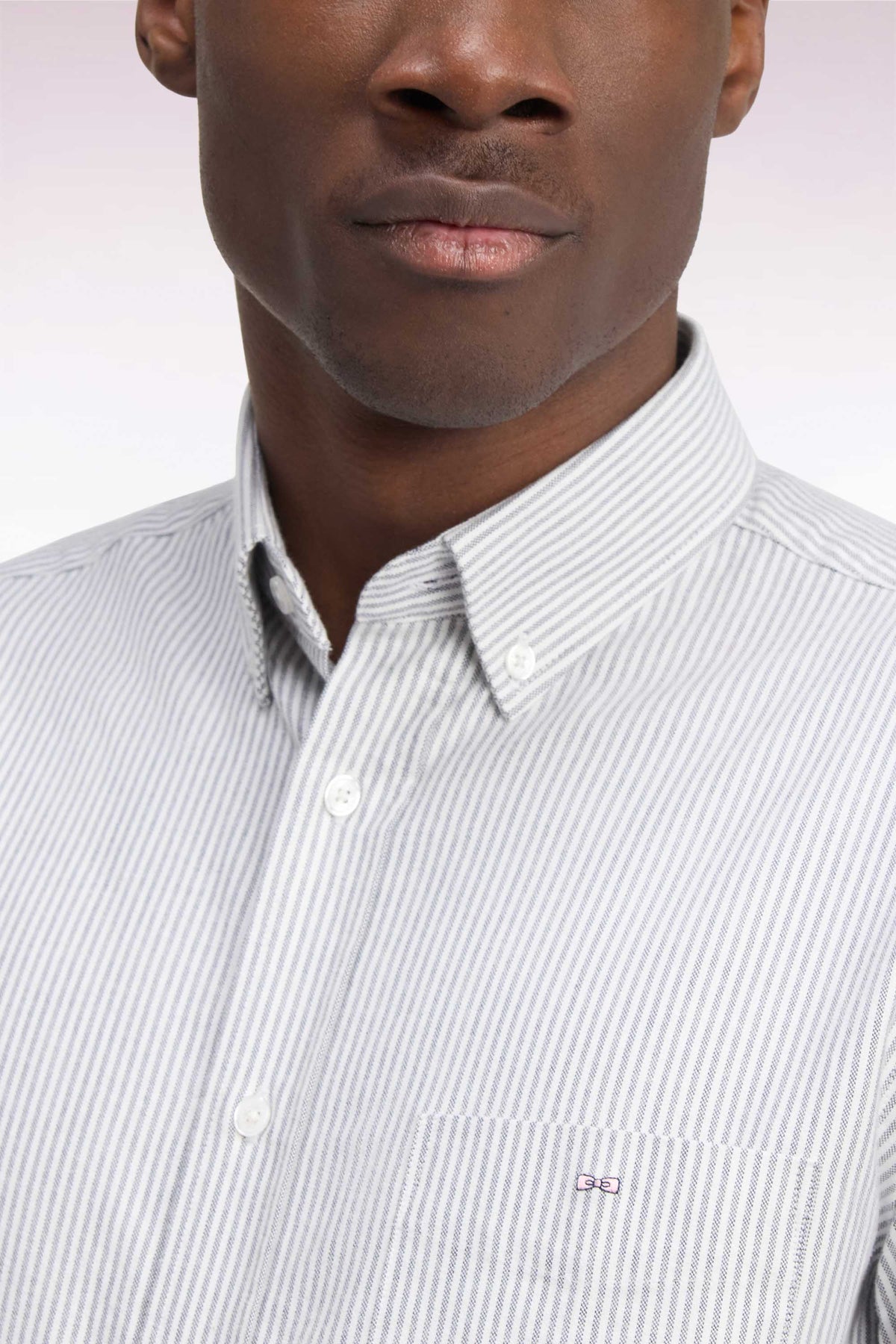 Straight cut navy stick striped cotton shirt