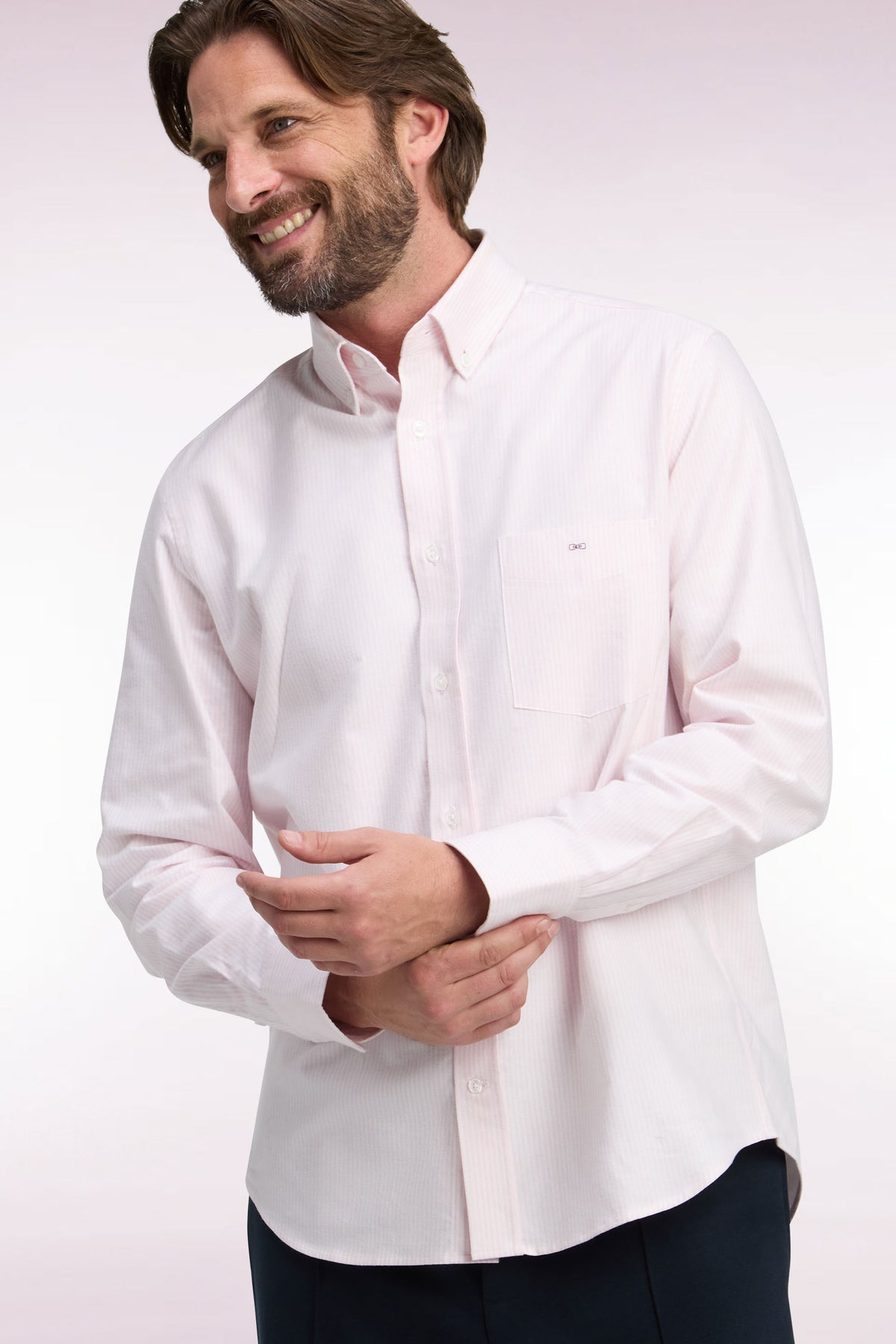 Straight-cut pink stick-striped cotton shirt