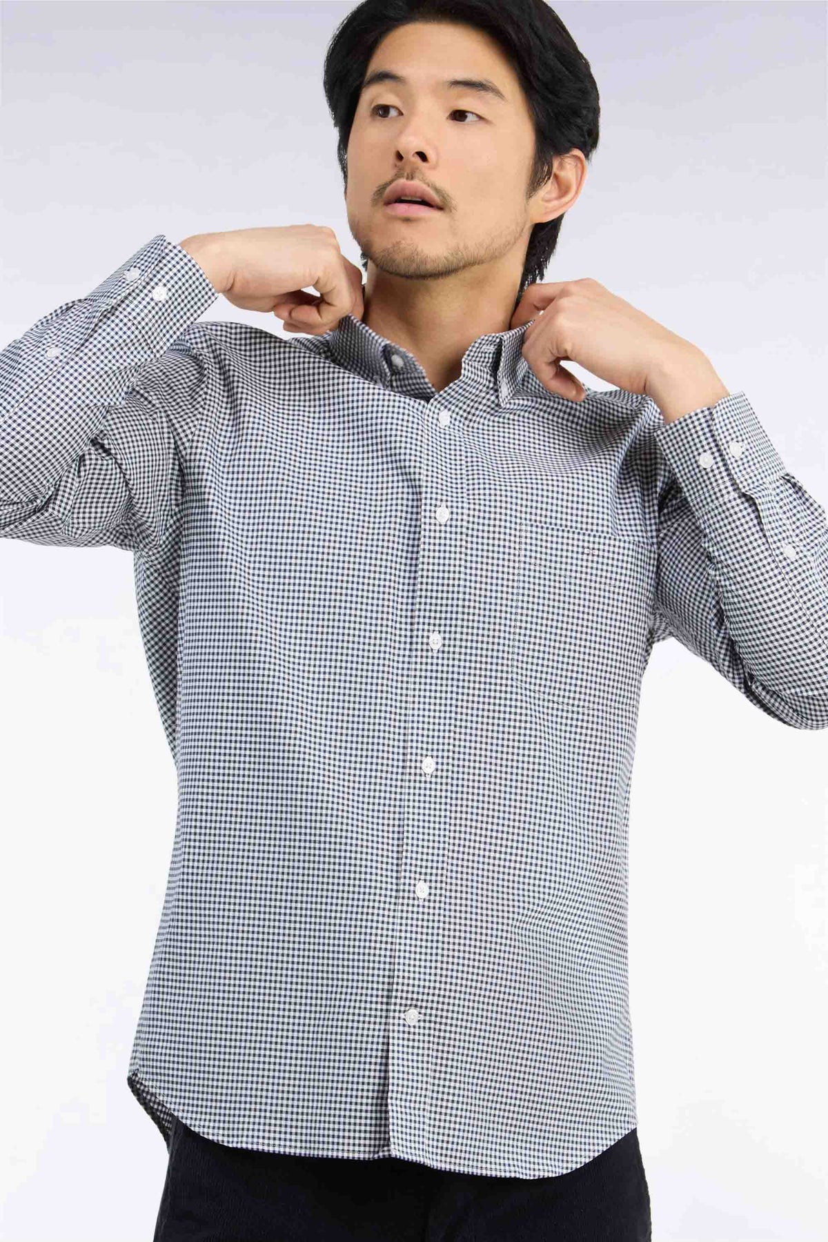 Straight cut navy gingham check cotton shirt
