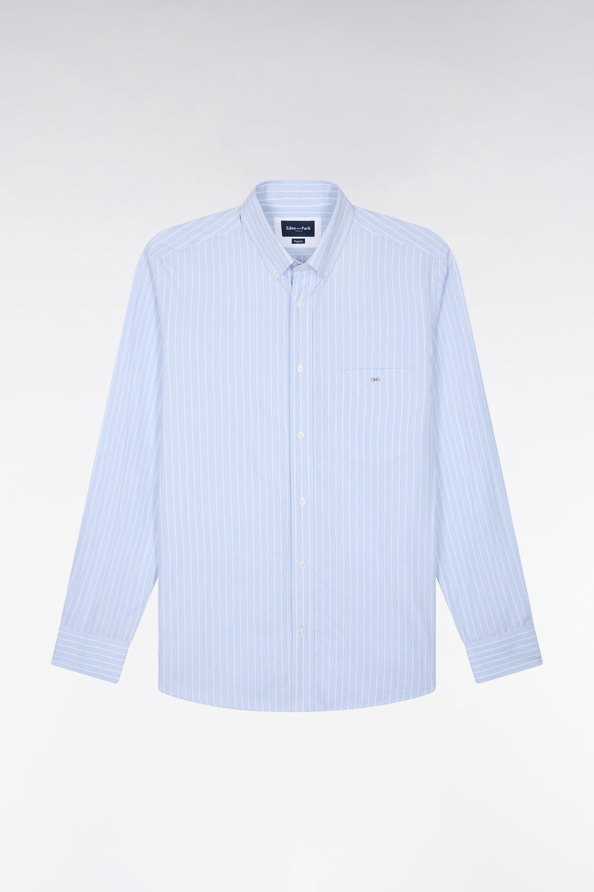White woven cotton shirt with gray stripes, straight cut