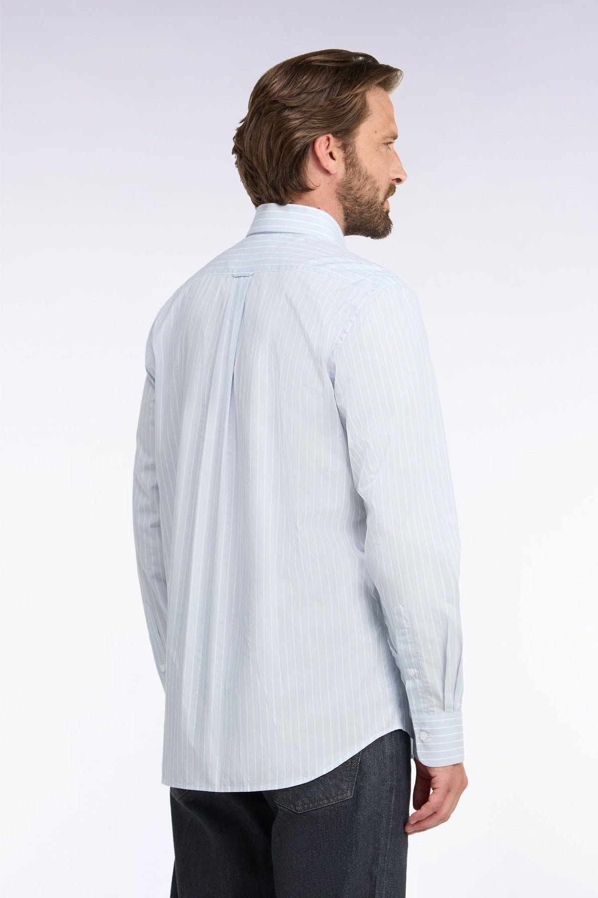 White woven cotton shirt with gray stripes, straight cut