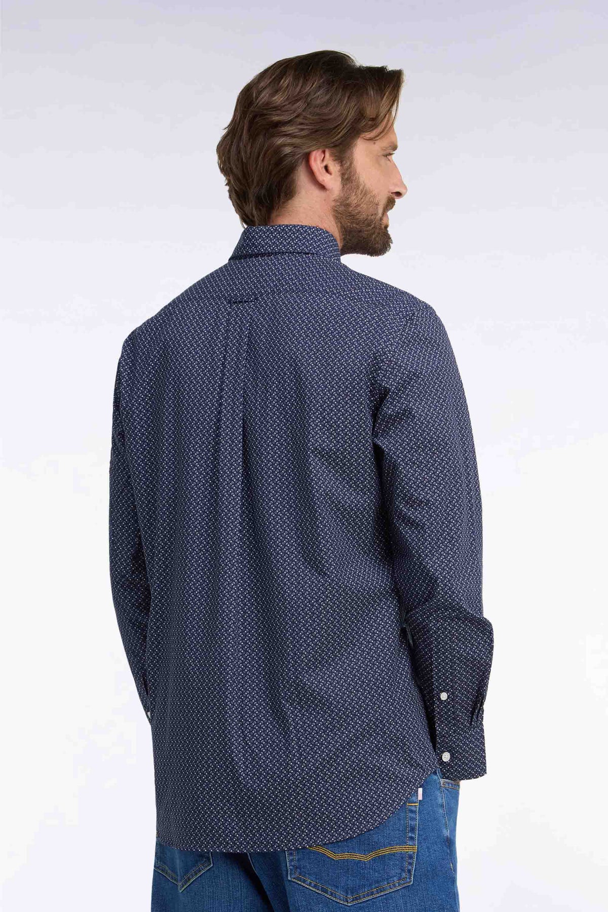 Chemise en popeline de coton marine à micromotifs nœuds papillon