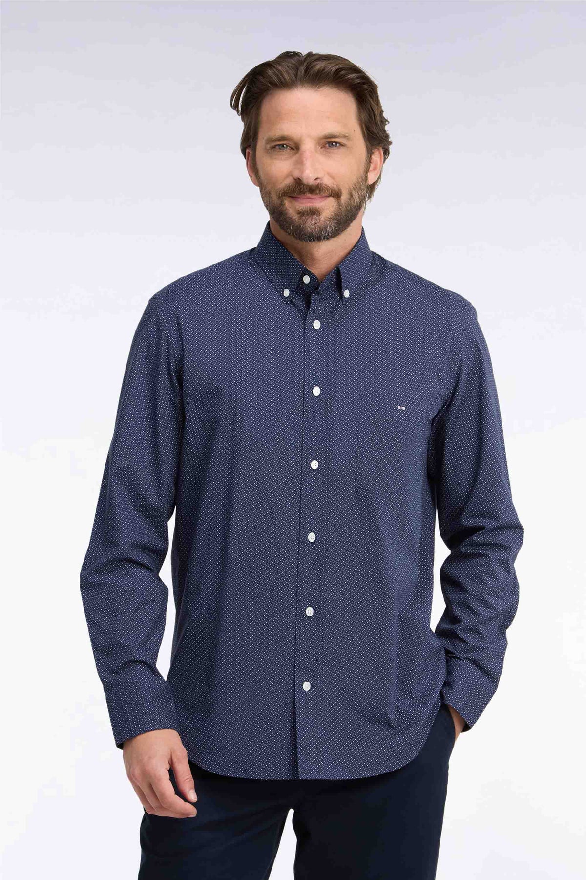 Chemise en coton marine à micromotifs nœuds papillon coupe droite
