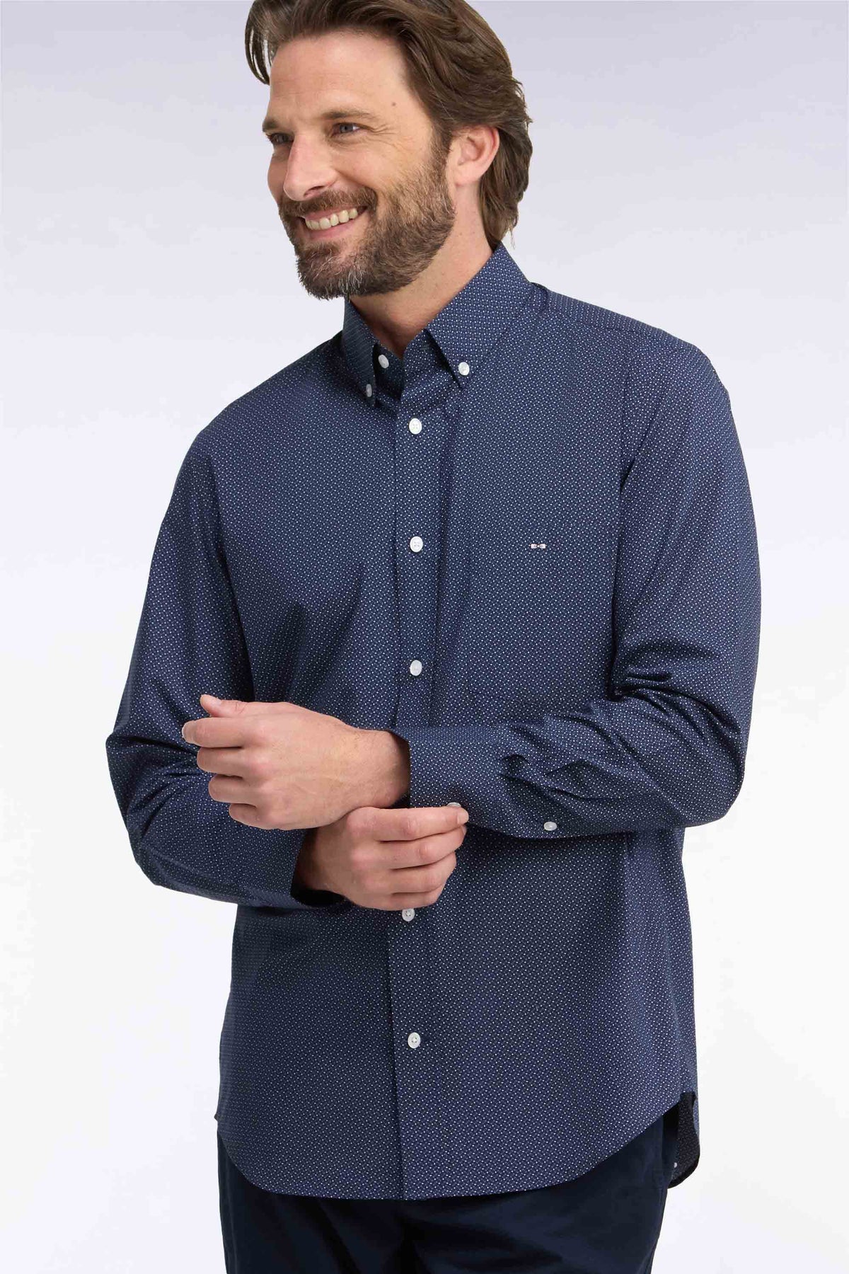 Chemise en coton marine à micromotifs nœuds papillon coupe droite