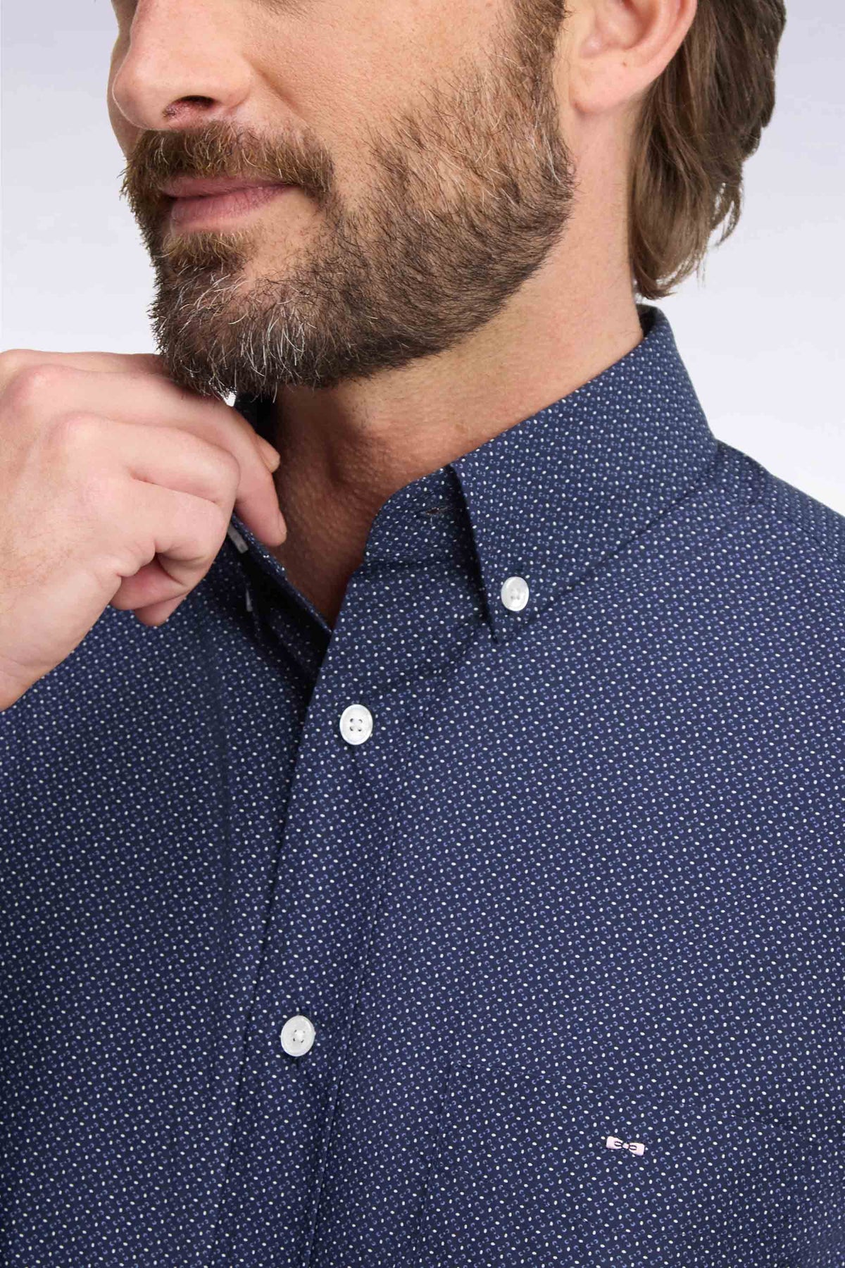 Chemise en coton marine à micromotifs nœuds papillon coupe droite
