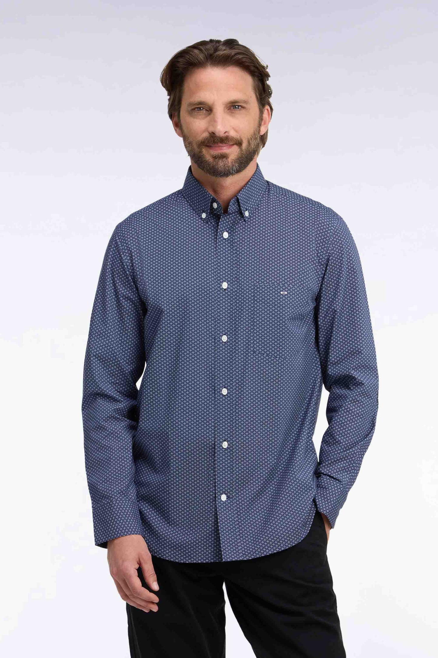 Chemise en coton bleu à micromotifs coupe droite