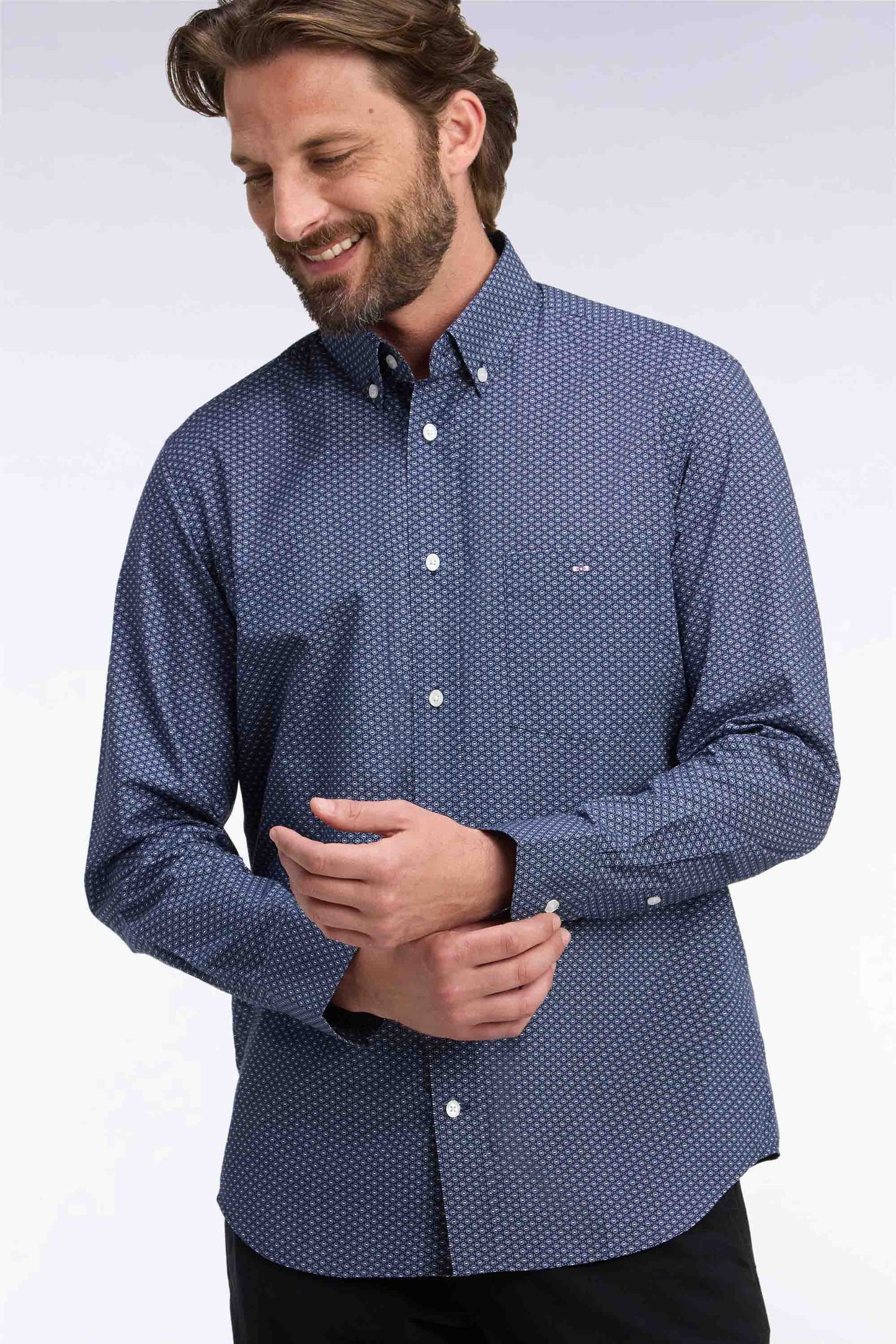 Chemise en coton bleu à micromotifs coupe droite