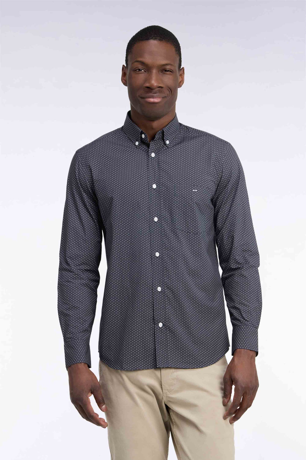Chemise en coton kaki à micromotifs coupe droite