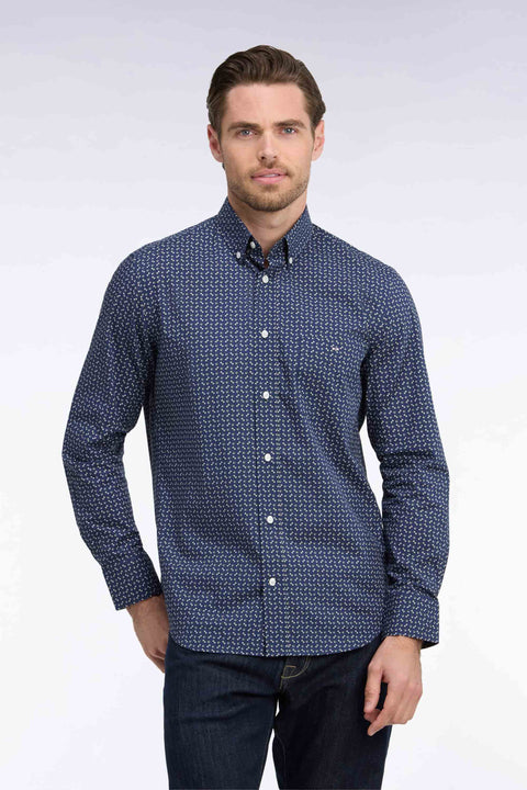Chemise en popeline de coton marine à micromotifs kaki coupe droite - Image 2