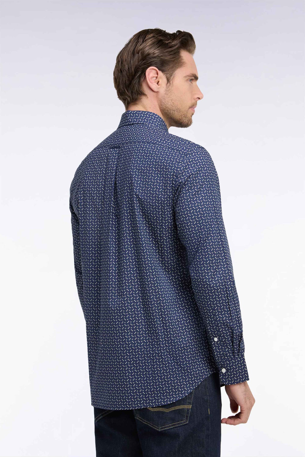 Chemise en popeline de coton marine à micromotifs kaki coupe droite