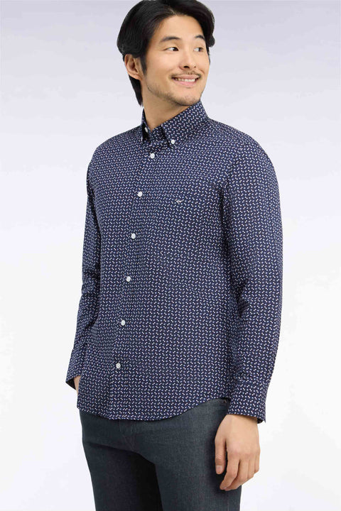 Chemise en popeline de coton marine à micromotifs bleus coupe droite - Image 1