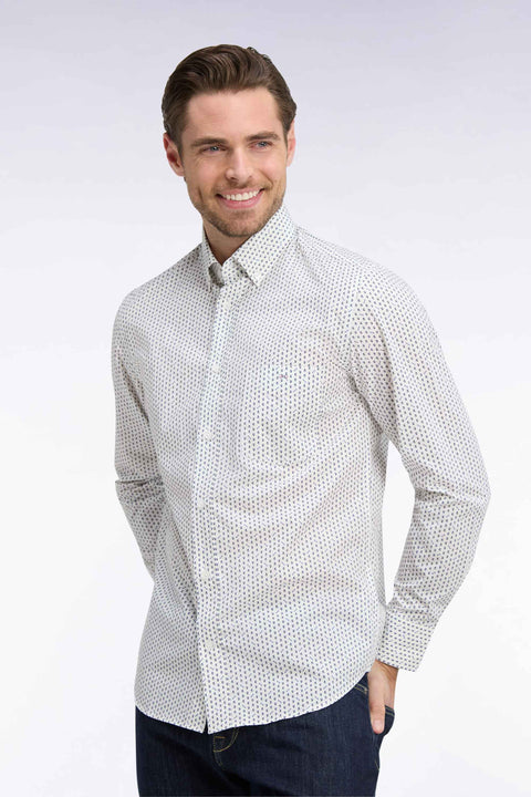 White cotton poplin shirt with blue micro-patterns, straight cut - Image 1