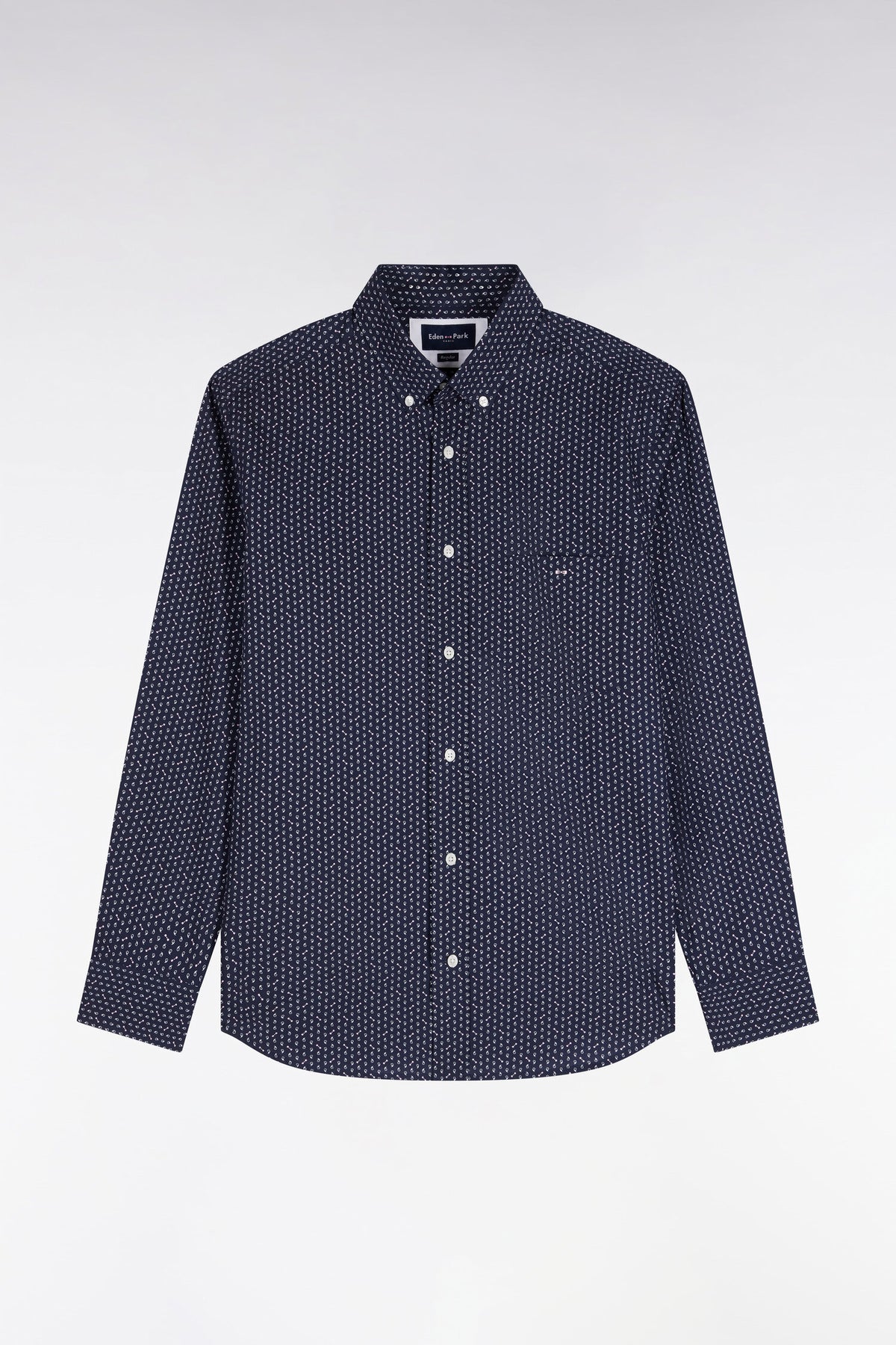 Chemise en popeline de coton marine à micromotifs roses coupe droite