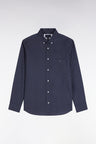 Chemise en popeline de coton marine à micromotifs roses coupe droite