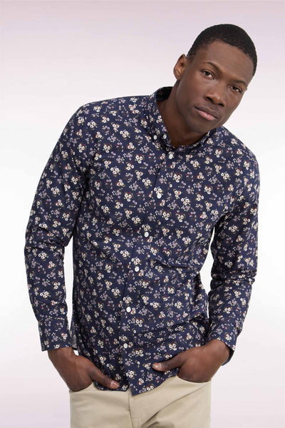 Chemise en coton marine à micromotifs fleurs coupe droite
