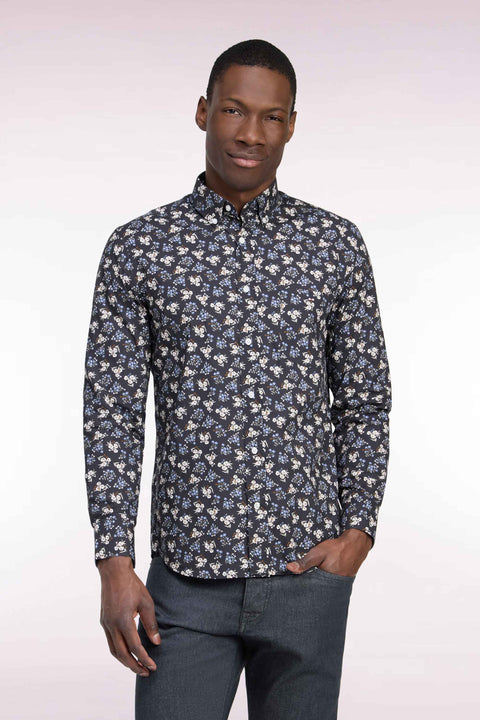 Brown cotton shirt with micro-flower patterns, straight cut - Image 3