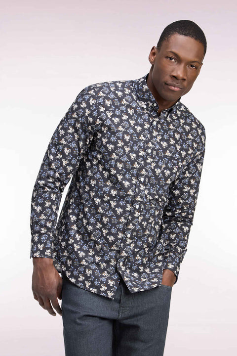Brown cotton shirt with micro-flower patterns, straight cut - Image 1