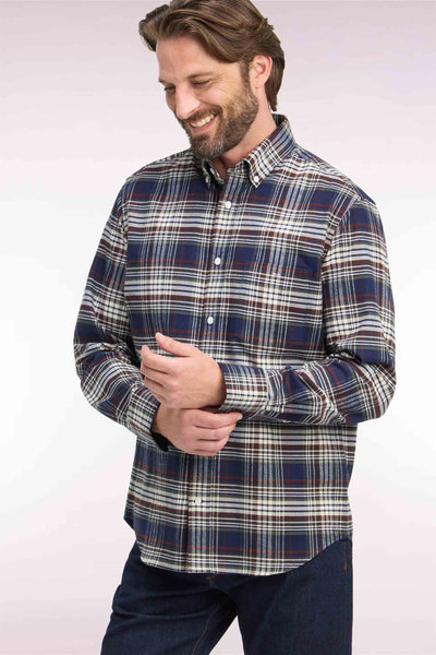 Chemise en flanelle de coton marine à carreaux coupe droite