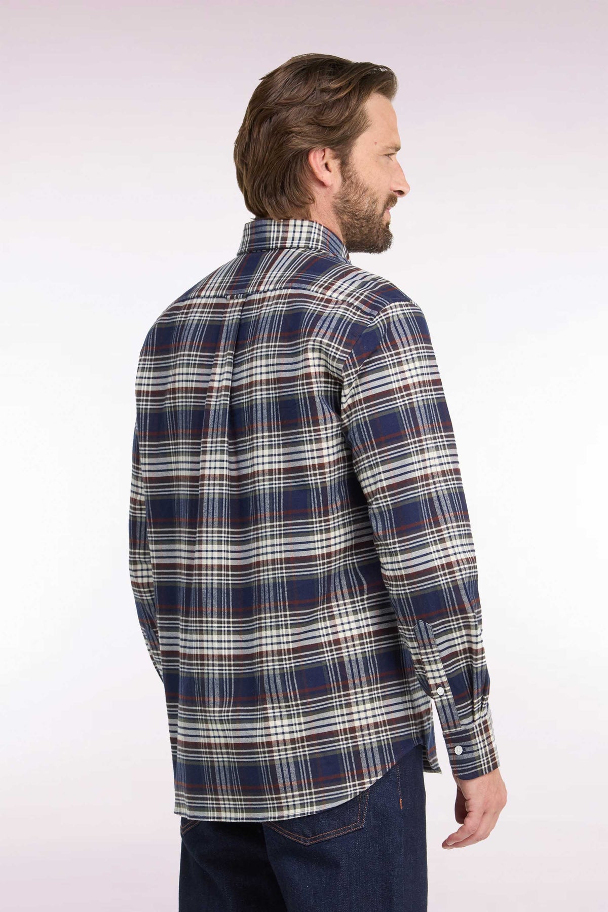 Chemise en flanelle de coton marine à carreaux coupe droite