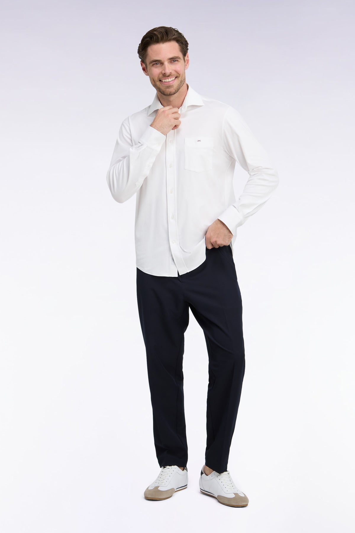Straight cut white stretch cotton shirt