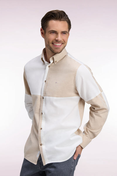 Chemise en coton beige et écrue coupe droite