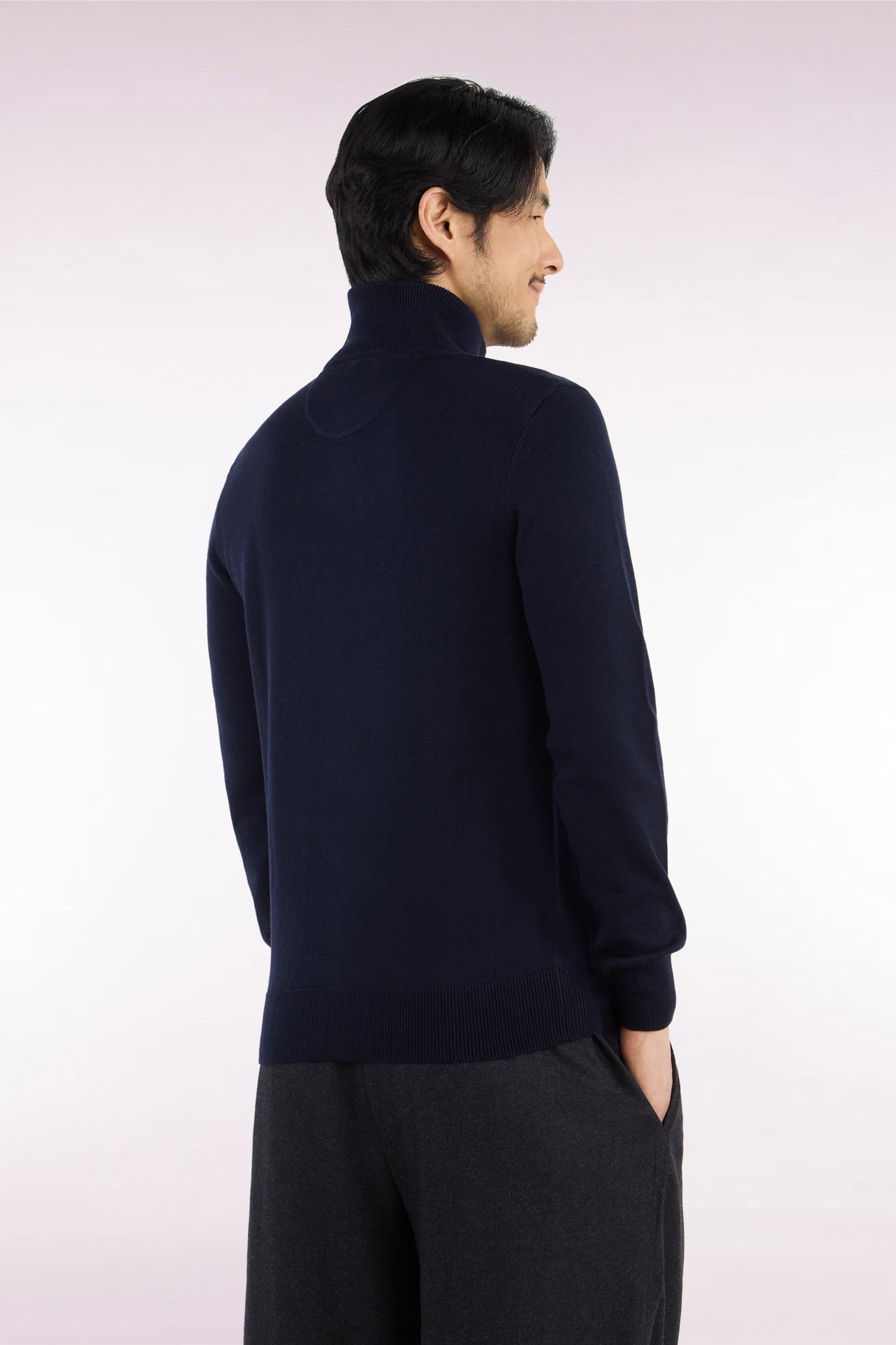 Cardigan zippé en laine et coton marine coupe droite