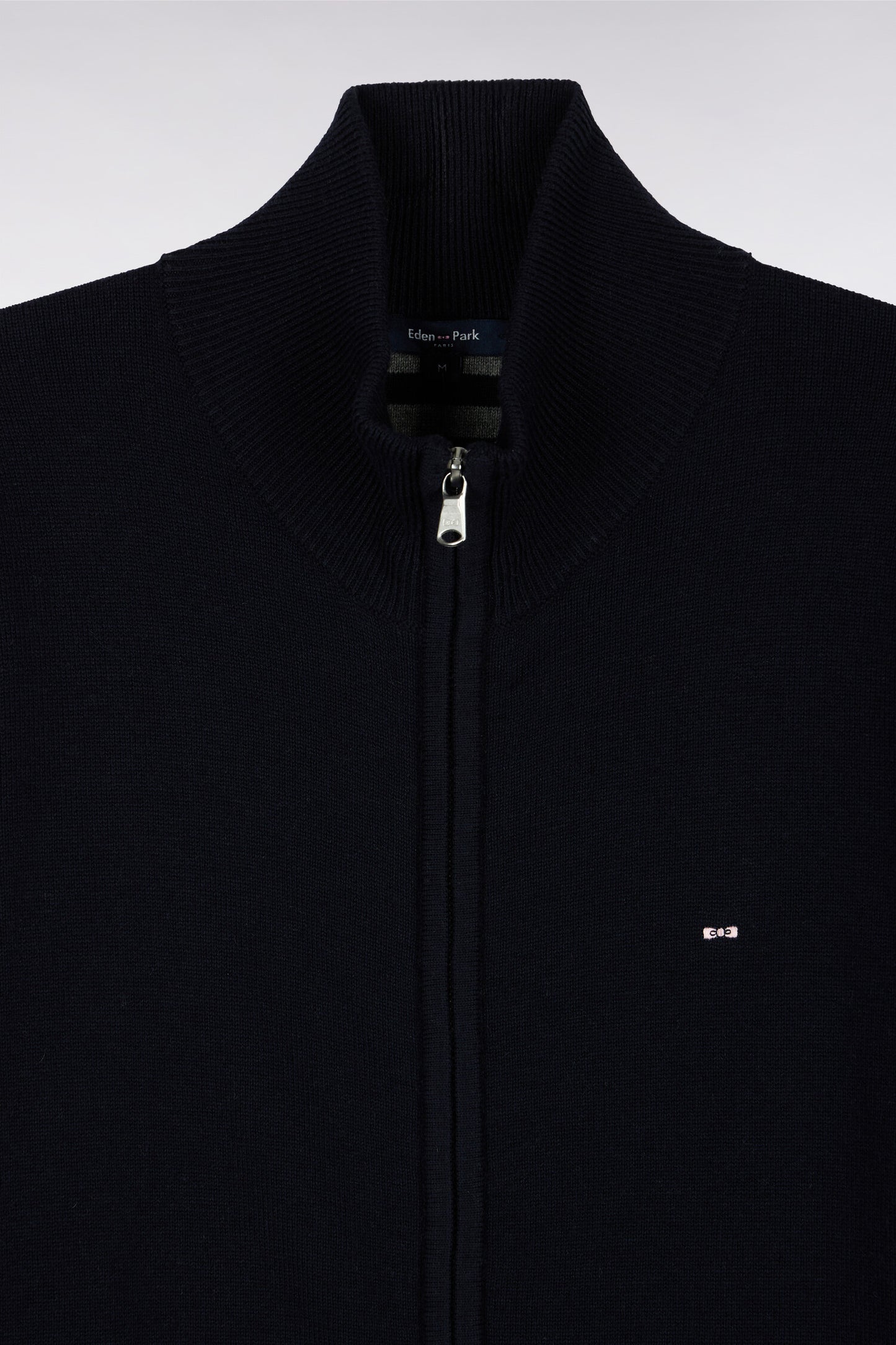 Cardigan zippé en laine et coton marine coupe droite