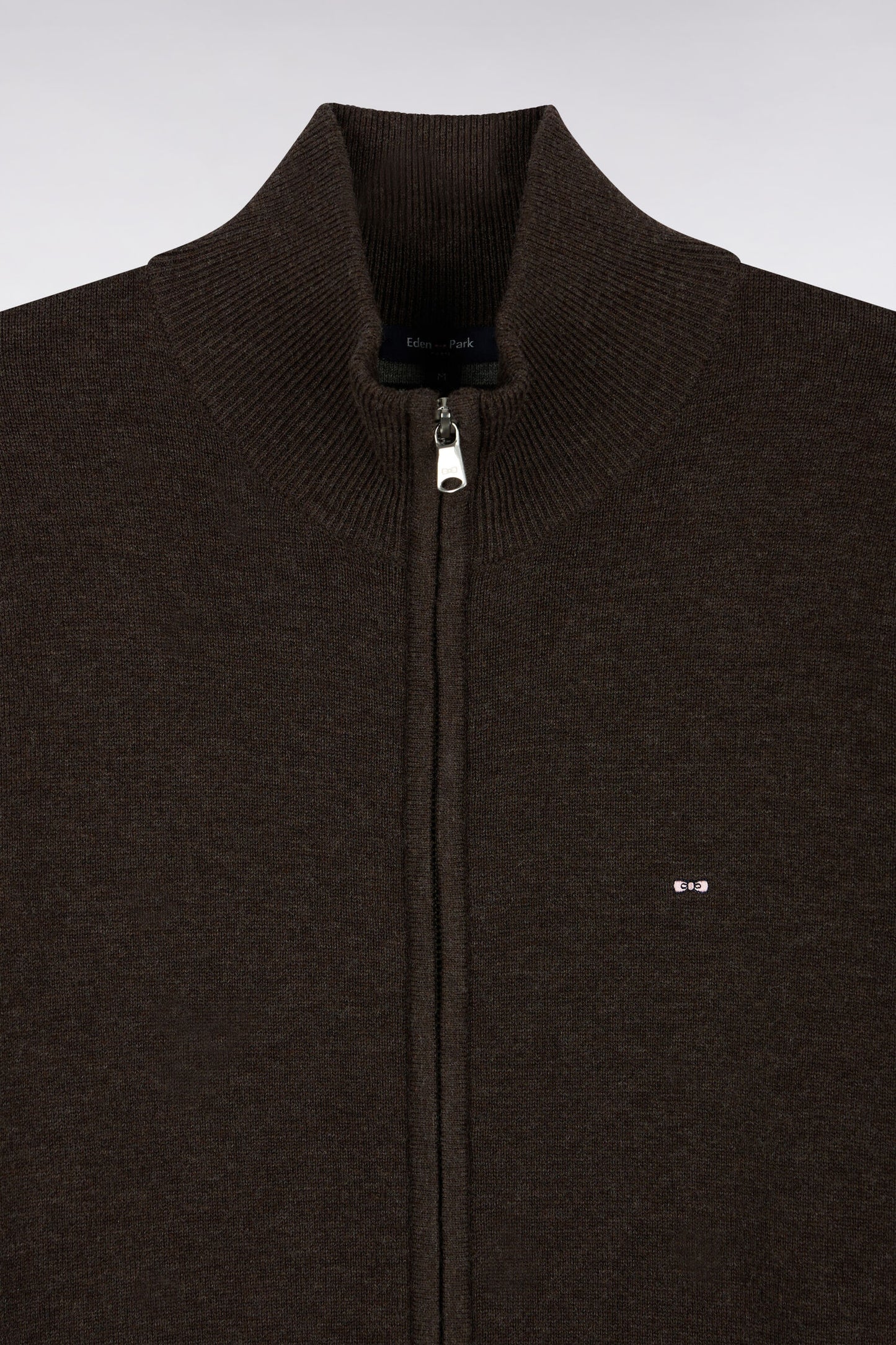 Cardigan zippé en laine et coton marron coupe droite