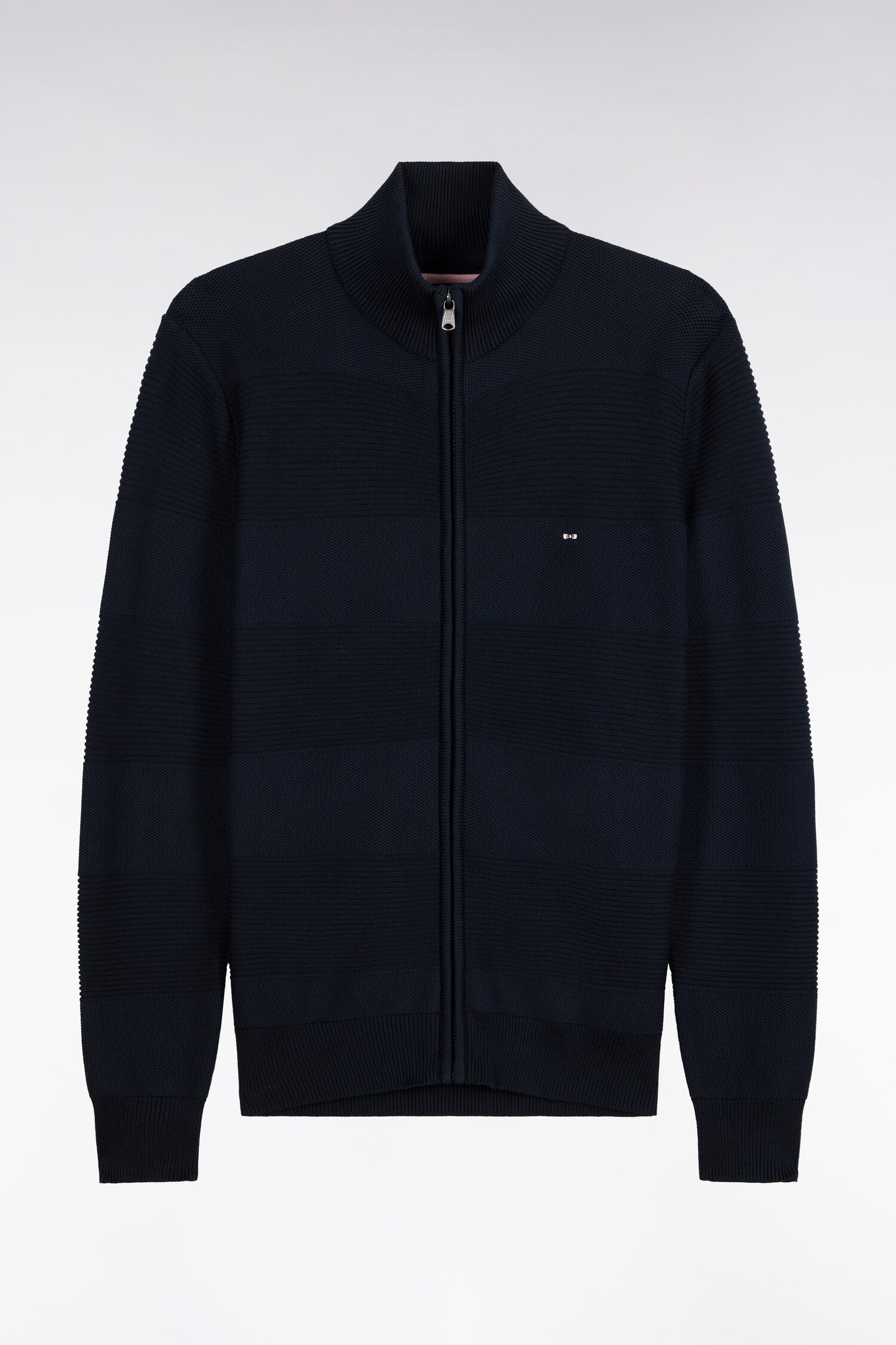Cardigan zippé en coton marine à effet rayé coupe droite